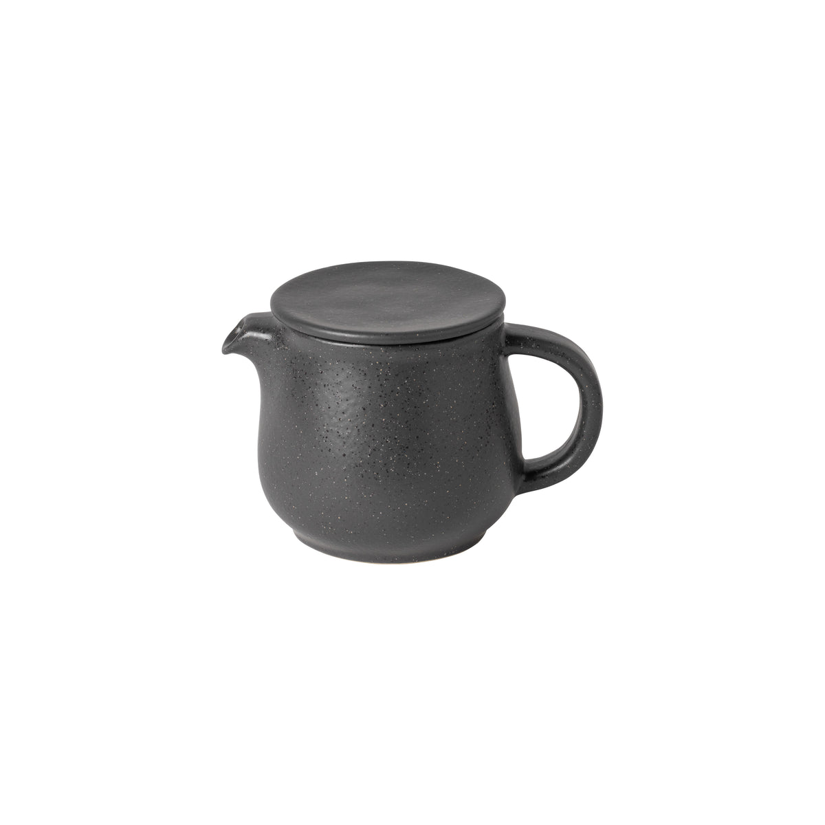 A small matte black speckled ceramic teapot with a flat round lid, short spout, and curved handle.